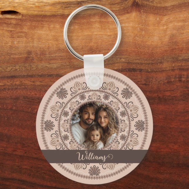 Personlig Family Porträtt Warm Neutralts Mandala Nyckelring (Framsida)