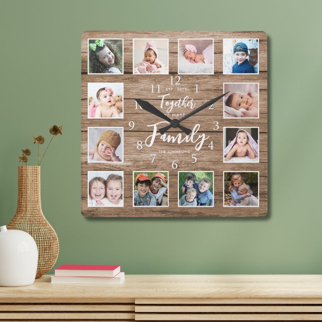 Personlig Family Quote 12 Photo Collage Wood Fyrkantig Klocka (Skapare uppladdad)