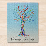 Personlig Family Träd Puzzle Pussel<br><div class="desc">Personlig Family Träd Puzzle Detta snyggt pussel är dekorerat med en färglös Träd-design i familjen på en blå,  blå bakgrund. Anpassa den med din familj namn. Träd tillverkades ursprungligen i mosaik med hjälp av litet biet av färgad glas. Original Mosaic © Michele Davies.</div>