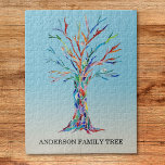 Personlig Family Träd Puzzle Pussel<br><div class="desc">Personlig Family Träd Puzzle. Snyggtens pussel är dekorerat med en färgad för regnbåge i Träd på blå . Anpassa den med din familj namn. Träd tillverkades ursprungligen i mosaik med hjälp av litet delar av färgad glas. Original Mosaic © Michele Davies.</div>
