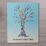 Personlig Family Träd Puzzle Pussel<br><div class="desc">Personlig Family Träd Puzzle. Snyggtens pussel är dekorerat med en färgad för regnbåge i Träd på blå . Anpassa den med din familj namn. Träd tillverkades ursprungligen i mosaik med hjälp av litet delar av färgad glas. Original Mosaic © Michele Davies.</div>