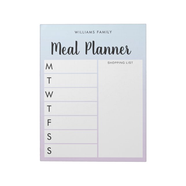 Personlig Family Weekly Meal Planner Anteckningsblock (Roterad)