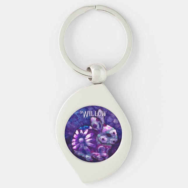 Personlig fantasifull blomhasbunny swirl silverfärgad nyckelring (Framsidan)