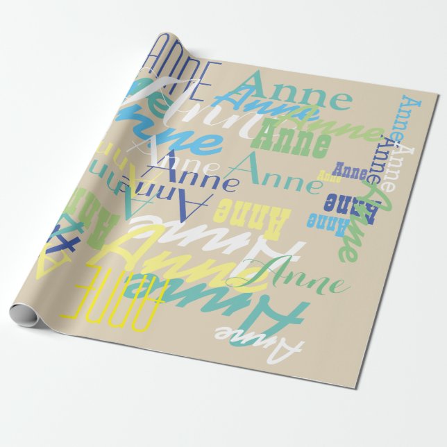 personlig färg barn namn mönster på beige presentpapper (Utrullad)