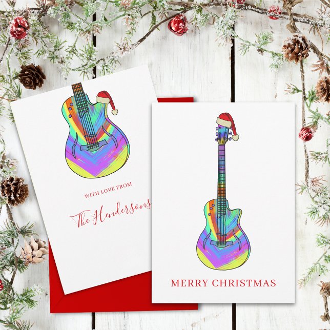 Personlig Färgfylld julgitar Julkort (Colorful Christmas guitar Santa personalized holiday card)