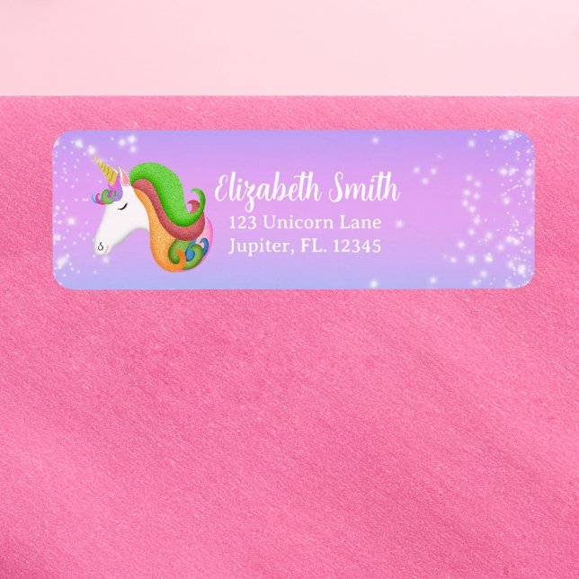 Personlig Färgglad Enhörning Glitter  Returadress Etikett (Perfect for camp letters, family notes, holiday invitations!)