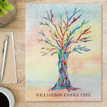 Personlig Färgrik Familjeträd Pussel<br><div class="desc">Detta stilrena pussel är dekorerat med en färgrik familjeträdsdesign på akrylfärgsbakgrund.
Lätt att anpassa med ditt familjenamn.
Eftersom vi skapar vår egen konst hittar du inte exakt denna bild hos andra designers.
Original mosaik och akrylfärg © Michele Davies.</div>
