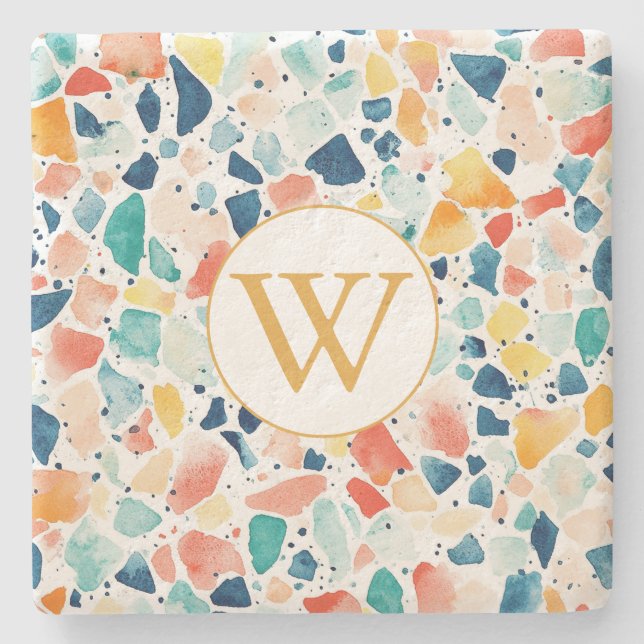 Personlig Färgrik Terrazzo Monogram Stenunderlägg (Framsidan)