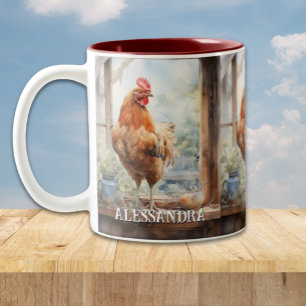 Personlig Farmhouse Chicken på Window Sill Två-Tonad Mugg