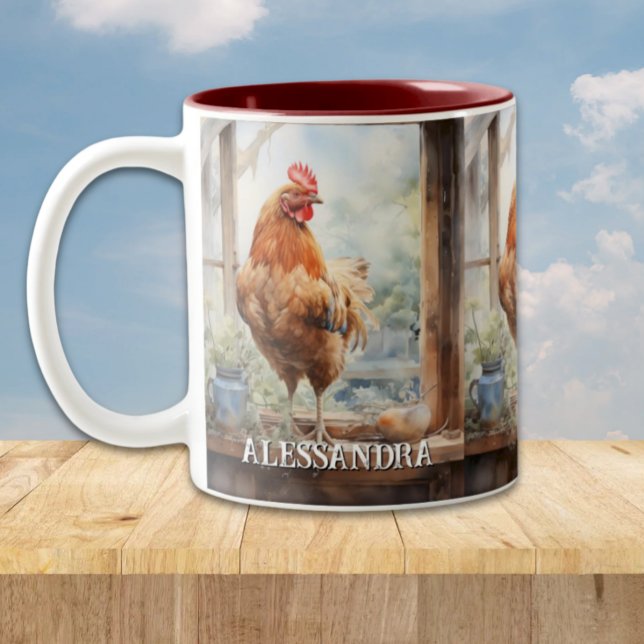 Personlig Farmhouse Chicken på Window Sill Två-Tonad Mugg (Rustic Farm Chicken standing by a window Personalized Mug, farmhouse country kitchen)
