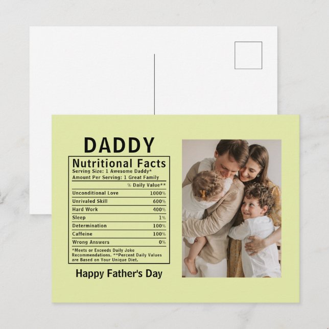 Personlig Fars dag Pappa Näringsfakta  Vykort (Fram/baksida)