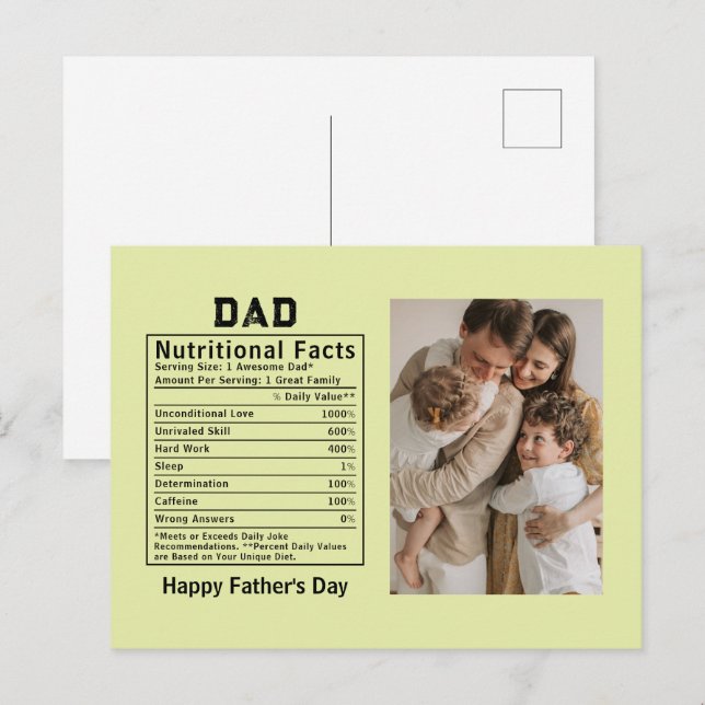 Personlig Fars dag Pappa Näringsfakta  Vykort (Fram/baksida)