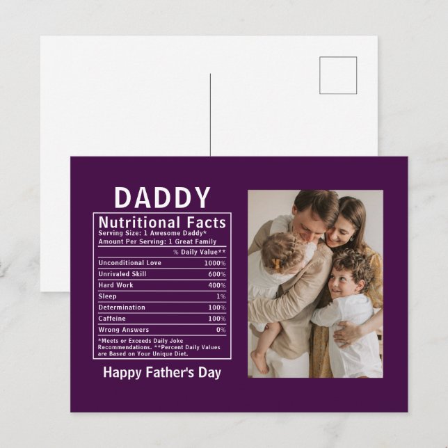 Personlig Fars dag Pappa Näringsfakta  Vykort (Fram/baksida)