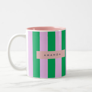 Personlig färska gröna och rosa randiga retro Två-Tonad mugg