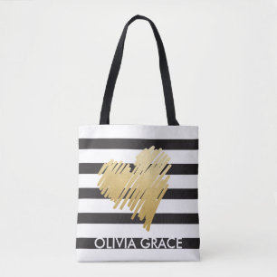 Personlig Faux Guld Heart Black Stripe Tygkasse