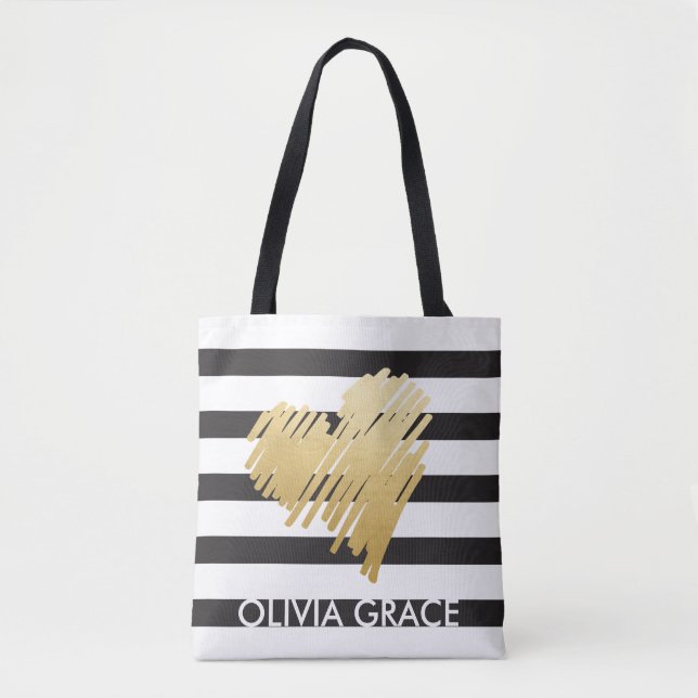 Personlig Faux Guld Heart Black Stripe Tygkasse (Framsida)