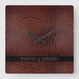Personlig Faux Leather Brown Embossed Fyrkantig Klocka