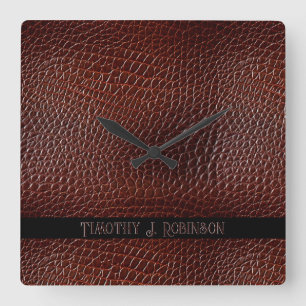 Personlig Faux Leather Brown Embossed Fyrkantig Klocka
