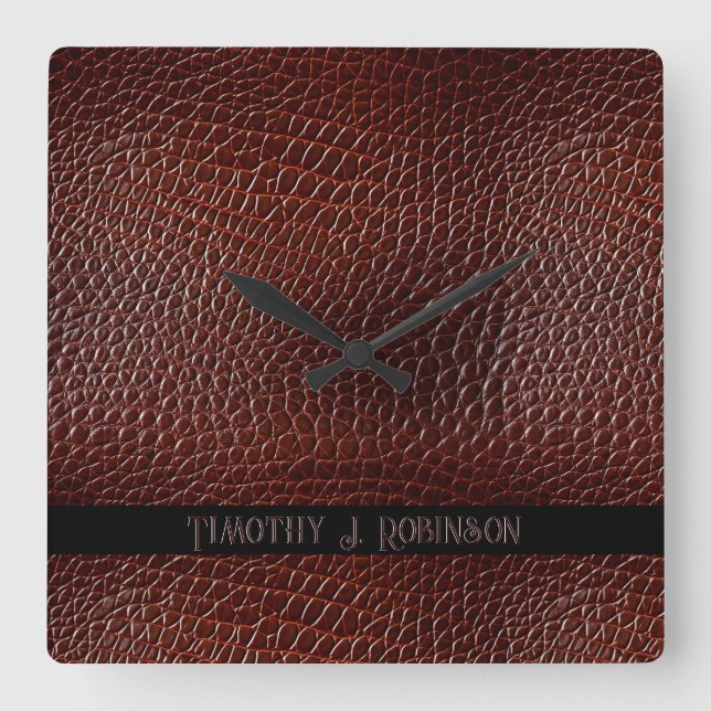 Personlig Faux Leather Brown Embossed Fyrkantig Klocka (Framsida)