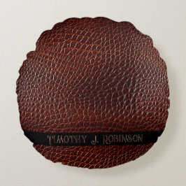 Personlig Faux Leather Brown Embossed Rund Kudde