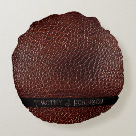 Personlig Faux Leather Brown Embossed Rund Kudde