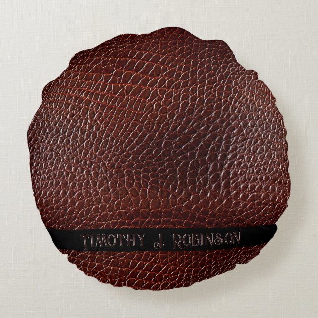 Personlig Faux Leather Brown Embossed Rund Kudde (Baksidan)