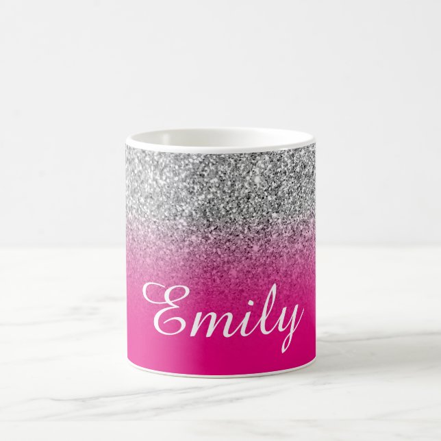 Personlig Faux Silver Shock rosa Ombre Glitter Kaffemugg (Center)