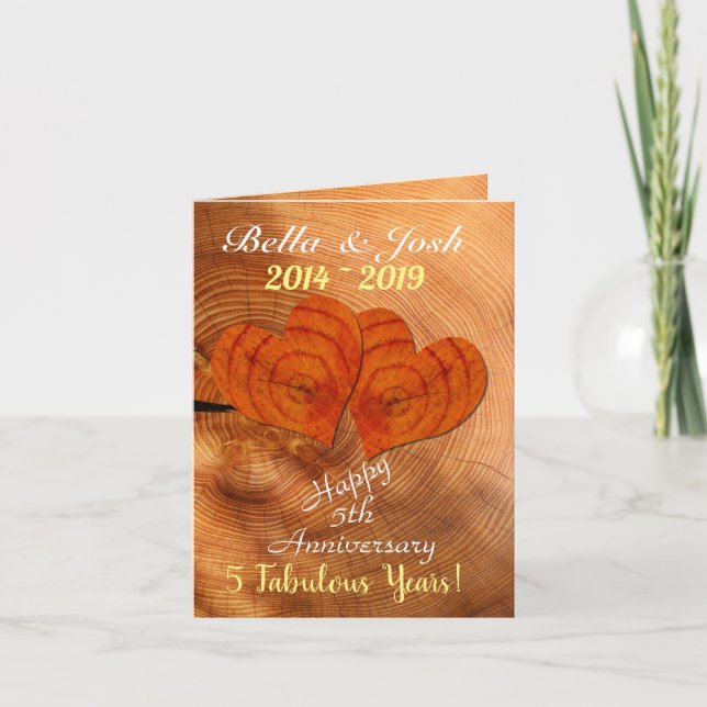 Personlig Faux Wood 5:e Bröllop-årsdagen Kort (Framsida)