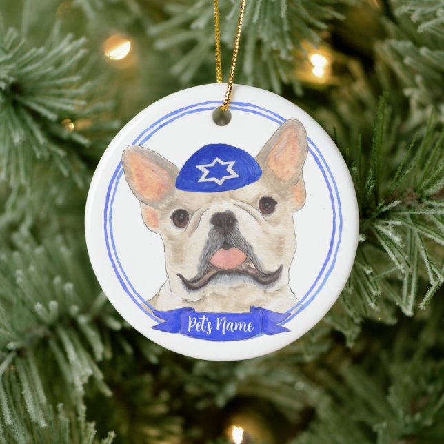 Personlig Fawn Tan Frenchie Hund Hanukkah Julgransprydnad Keramik (Träd)