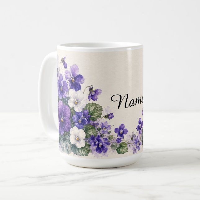 Personlig februari födelsedagsblomma Violetter  Kaffemugg (Framsida vänster)