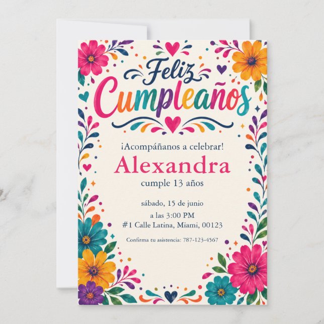 Personlig Feliz Cumpleaños Spansk Blommig Fiesta Inbjudningar (Framsida)