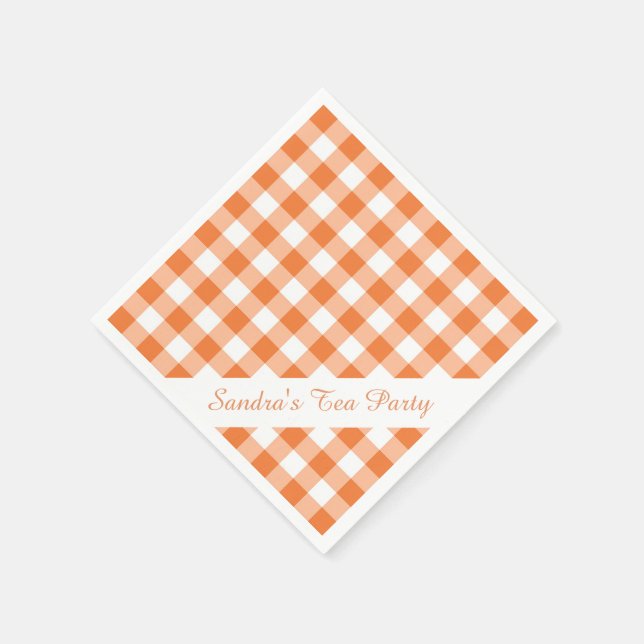 Personlig fest med orange-vit gingham-mönster pappersservett (Hörn)