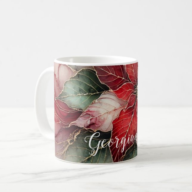 Personlig Festive Blommigt Alcohol Bläck Poinsetti Kaffemugg (Framsida vänster)