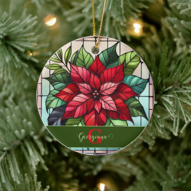 Personlig Festive Stached Glass Poinsettia Julgransprydnad Keramik (Träd)