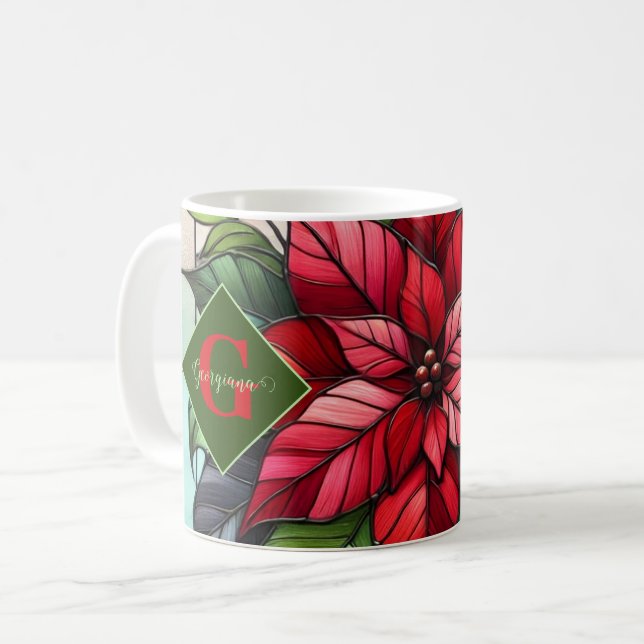 Personlig Festive Stached Glass Poinsettia Kaffemugg (Framsida vänster)