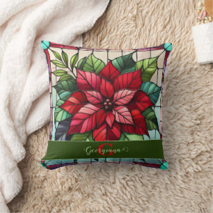 Personlig Festive Stached Glass Poinsettia Kudde