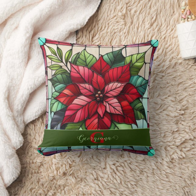 Personlig Festive Stached Glass Poinsettia Kudde (Filt)