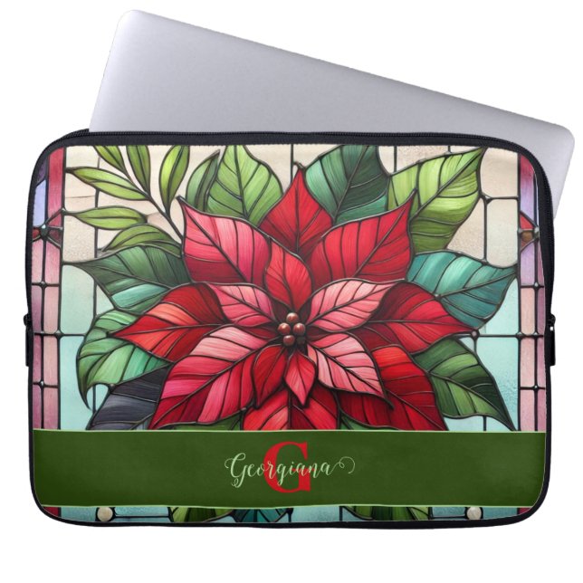 Personlig Festive Stached Glass Poinsettia Laptop Fodral (Framsidan)