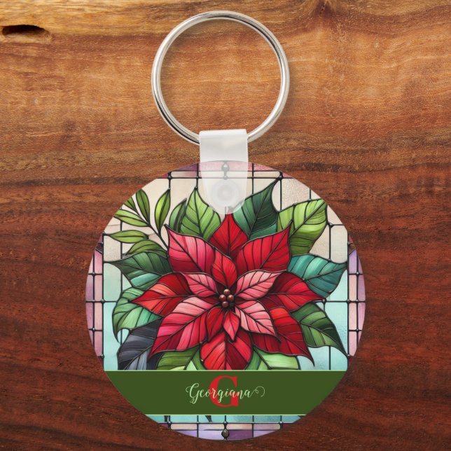 Personlig Festive Stached Glass Poinsettia Nyckelring (Framsida)