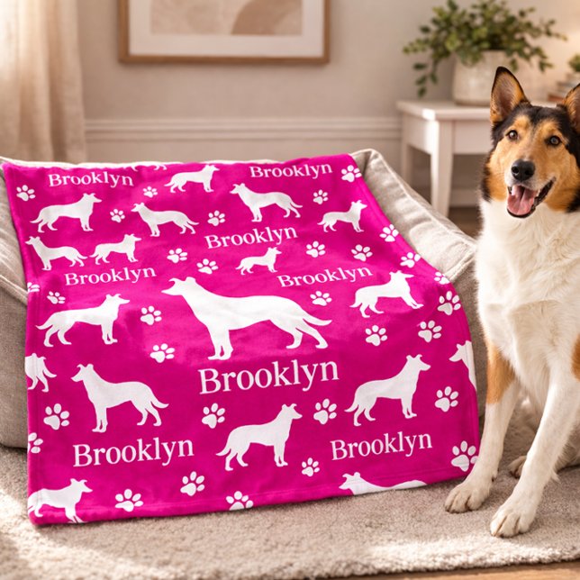 Personlig filt för Smooth Collie hundar i ljust ro (Collie - smooth hair personalized blanket with collie name. Large blanket in pink shown here)