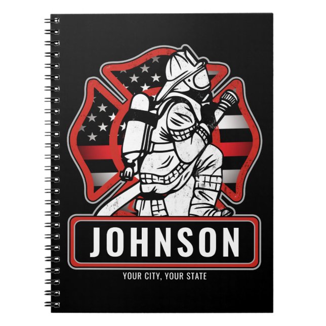 Personlig Firefighter Fire Dept Patriotic Flagga Anteckningsbok (Framsidan)