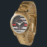 Personlig Firefighter Pension Thin Red Line Armbandsur<br><div class="desc">Fira och visa din uppskattning för en enastående brandman med den här Thin Red Line Firefighter Pension Watch - American flagga design in Police Flagga , disted design . Perfekt för tjänsteköp och Pension-gåvor till brandman, brandmansår från brandkåren. Anpassa med brandman namn, tjänsteår och tjänsteår. COPYRIGHT © 2020 Judy Burrows,...</div>