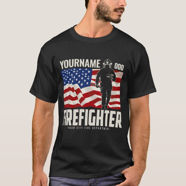 Personlig Firefighter Rädding USA flagga Patriotic T Shirt (Framsida)