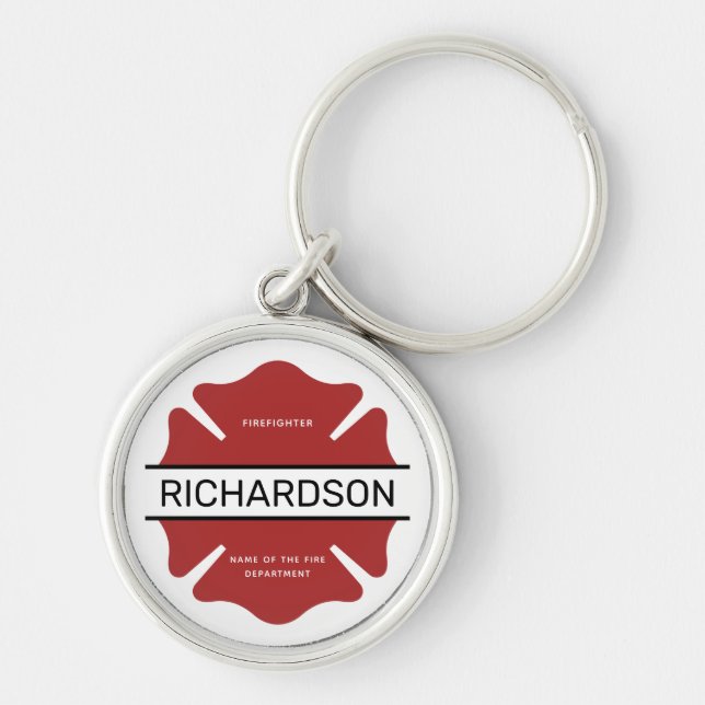 Personlig Firefighter Red Logotyp Symbol Rund Silverfärgad Nyckelring (Framsidan)