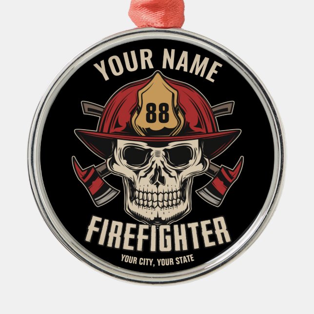 Personlig Firefighter Skull Fireman Fire Dept Julgransprydnad Metall (Framsidan)
