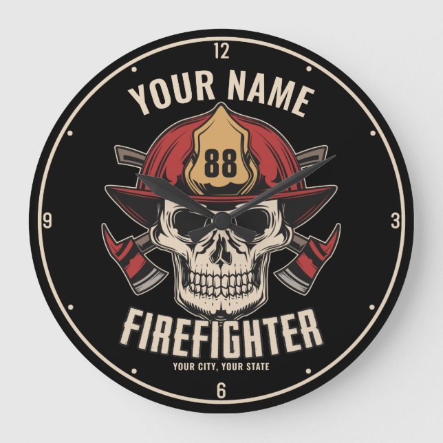 Personlig Firefighter Skull Fireman Fire Dept Stor Klocka (Framsida)