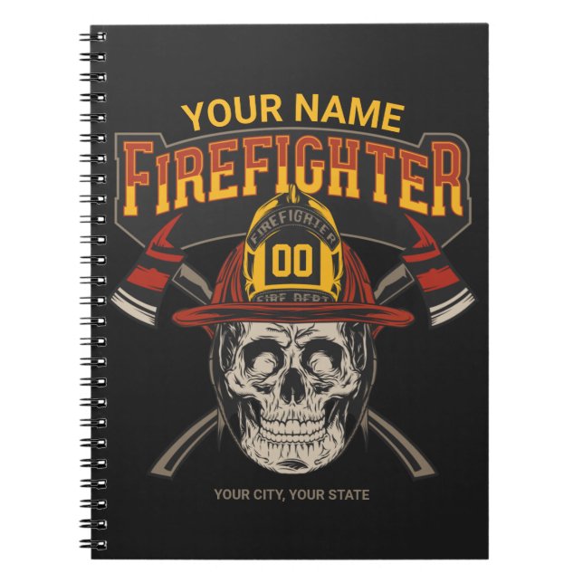 Personlig Fireman Skull Helmet Ax Firefighter Anteckningsbok (Framsidan)