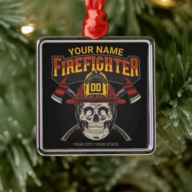 Personlig Fireman Skull Helmet Ax Firefighter  Julgransprydnad Metall (Träd)