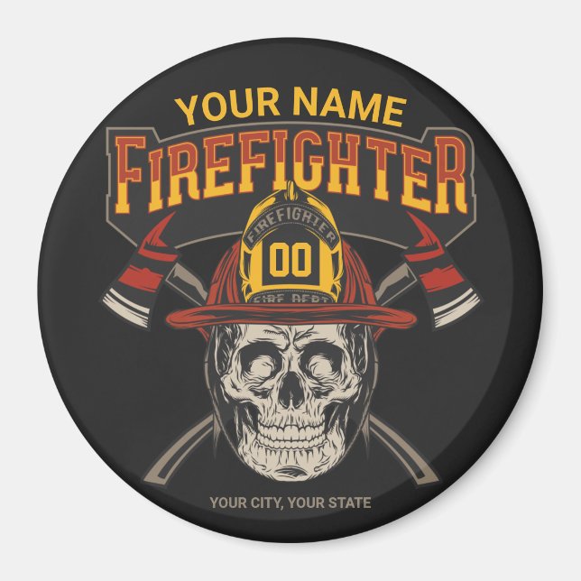 Personlig Fireman Skull Helmet Ax Firefighter Magnet (Framsidan)