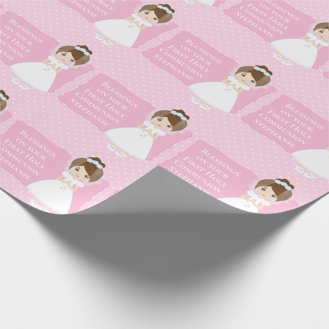 Personlig First Communion Brunette Girl Presentpapper (Hörn)